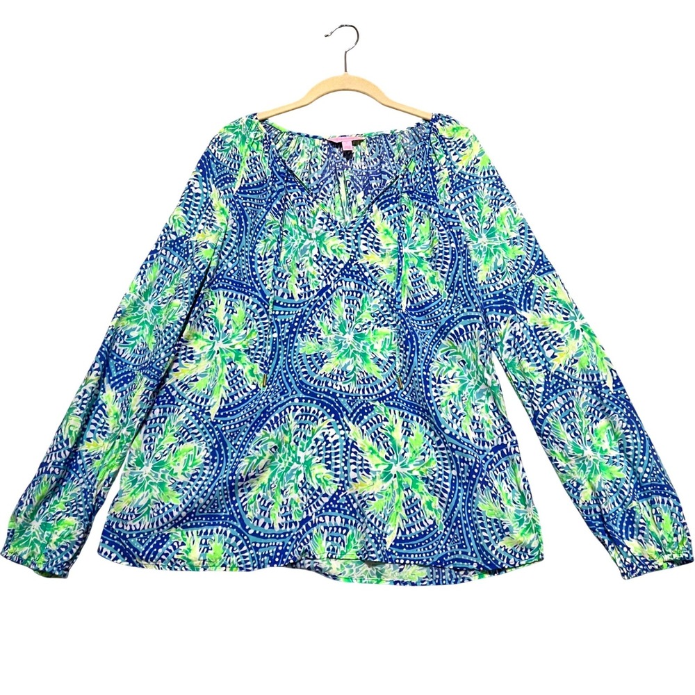 Lilly Pulitzer Willa Top Tropic Like It's Hot Blue Green Rayon Blouse LARGE